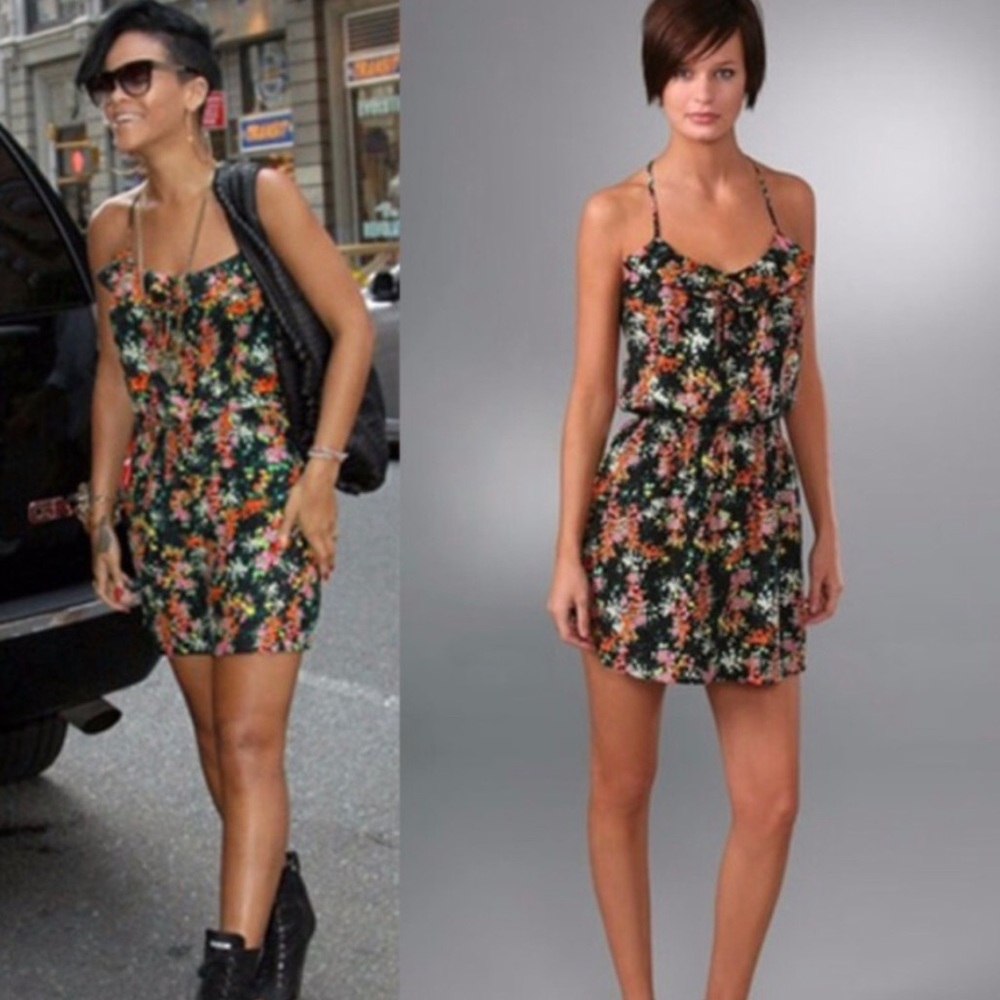 Parker 100% Silk Black Floral Mini Dress